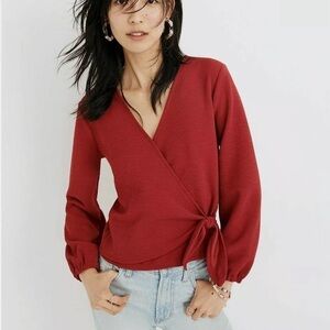 Madewell Texture & Thread Crepe Wrap Crop Top Red Long Sleeve XS